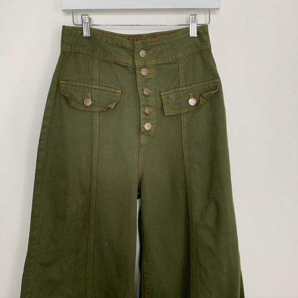 Farm Rio Wide Leg Pockets Twill Trousers Women's Size 38 Green Small - Picture 4 of 13